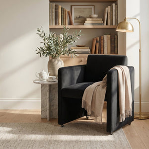 English Elm Modern Barrel Accent Chair Velvet Upholstered Solid Wood Frame Sculptural Dining Seat Black W3244P514498