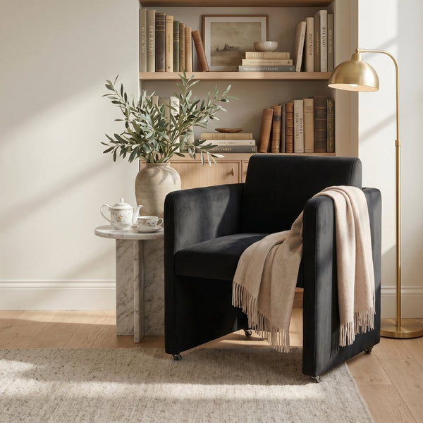 English Elm Modern Barrel Accent Chair Velvet Upholstered Solid Wood Frame Sculptural Dining Seat Black W3244P514498