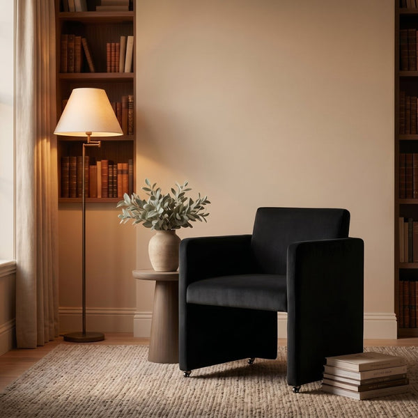 English Elm Modern Barrel Accent Chair Velvet Upholstered Solid Wood Frame Sculptural Dining Seat Black W3244P514498