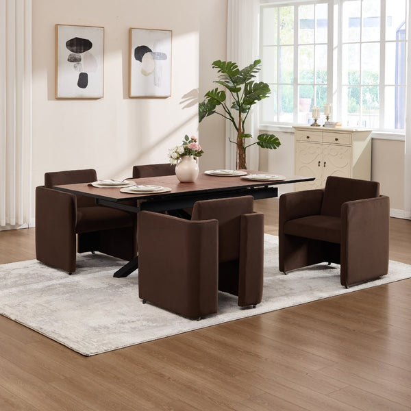 English Elm Modern Barrel Accent Chair Velvet Upholstered Solid Wood Frame Sculptural Dining Seat Chocolate W3244P514499