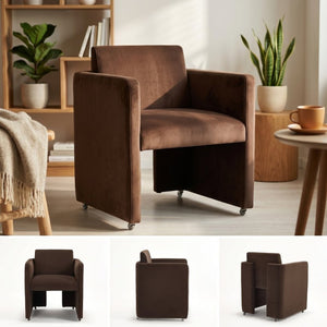 English Elm Modern Barrel Accent Chair Velvet Upholstered Solid Wood Frame Sculptural Dining Seat Chocolate W3244P514499