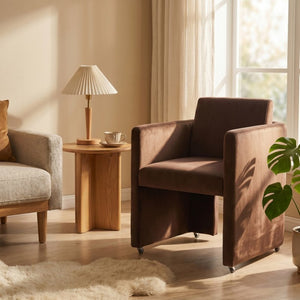 English Elm Modern Barrel Accent Chair Velvet Upholstered Solid Wood Frame Sculptural Dining Seat Chocolate W3244P514499