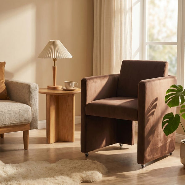 English Elm Modern Barrel Accent Chair Velvet Upholstered Solid Wood Frame Sculptural Dining Seat Chocolate W3244P514499
