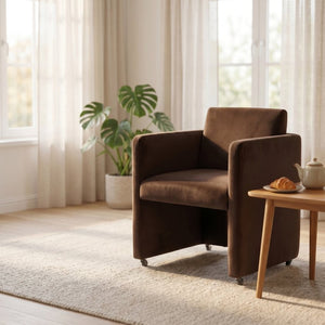 English Elm Modern Barrel Accent Chair Velvet Upholstered Solid Wood Frame Sculptural Dining Seat Chocolate W3244P514499