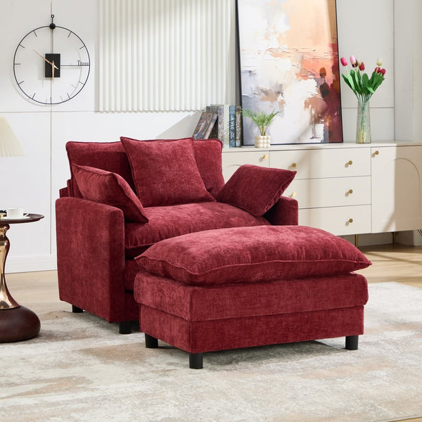 English Elm 39.4" Club Armchair with Ottoman Chenille Upholstered Solid Wood Frame Lounge Seating W3244P518848