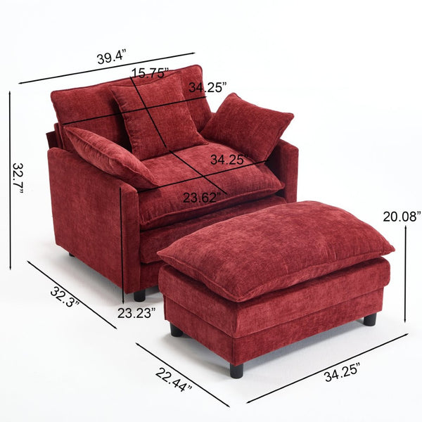 English Elm 39.4" Club Armchair with Ottoman Chenille Upholstered Solid Wood Frame Lounge Seating W3244P518848