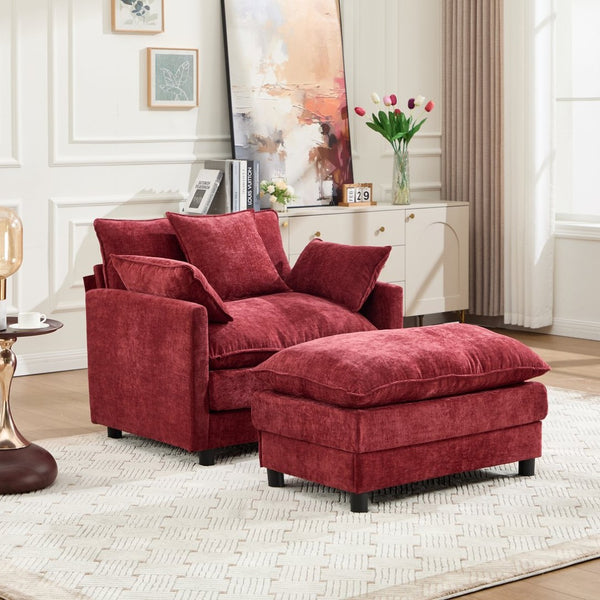 English Elm 39.4" Club Armchair with Ottoman Chenille Upholstered Solid Wood Frame Lounge Seating W3244P518848