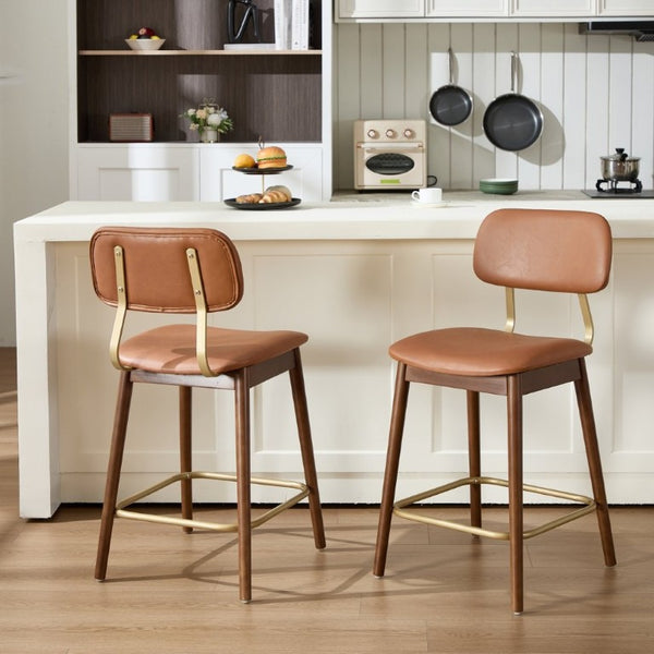 English Elm Wooden Solid Frame Vinyl Upholstered Bar Height Chairs Farmhouse Kitchen Island Set of 2 W3244P547664