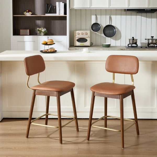 English Elm Wooden Solid Frame Vinyl Upholstered Bar Height Chairs Farmhouse Kitchen Island Set of 2 W3244P547664