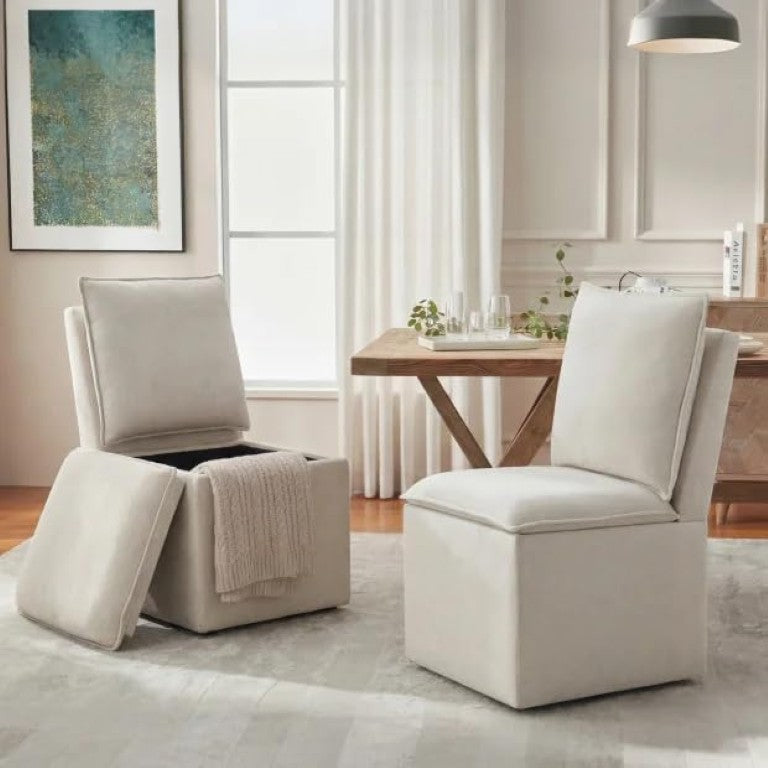 English Elm Wooden Linen Dining Chairs Set of 2 with Hidden Storage and Rolling Casters W3244P611907