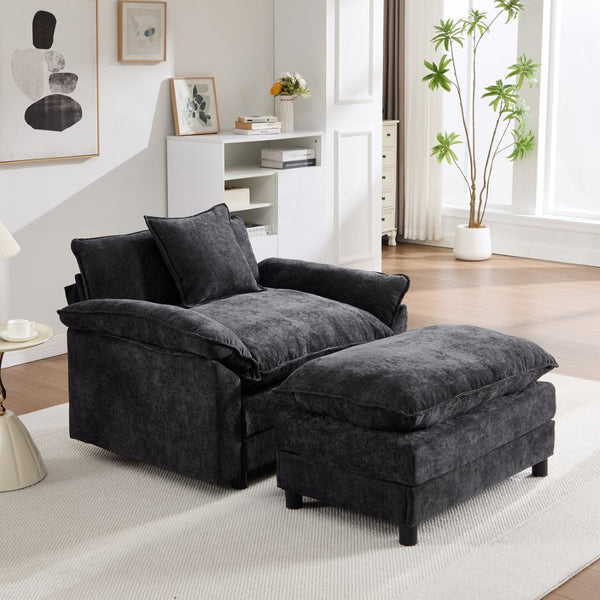 English Elm 44.5" Chenille Club Armchair with Ottoman Solid Wood Frame Modern Lounge Seating W3244S00010