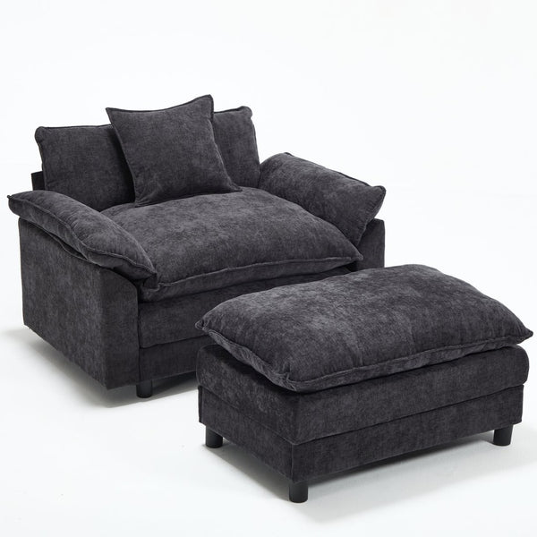 English Elm 44.5" Chenille Club Armchair with Ottoman Solid Wood Frame Modern Lounge Seating W3244S00010