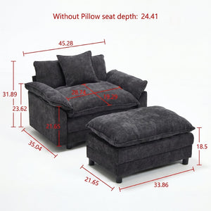 English Elm 44.5" Chenille Club Armchair with Ottoman Solid Wood Frame Modern Lounge Seating W3244S00010