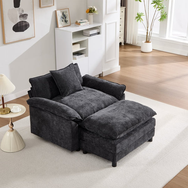 English Elm 44.5" Chenille Club Armchair with Ottoman Solid Wood Frame Modern Lounge Seating W3244S00010