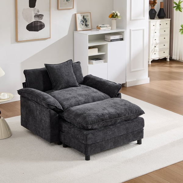 English Elm 44.5" Chenille Club Armchair with Ottoman Solid Wood Frame Modern Lounge Seating W3244S00010
