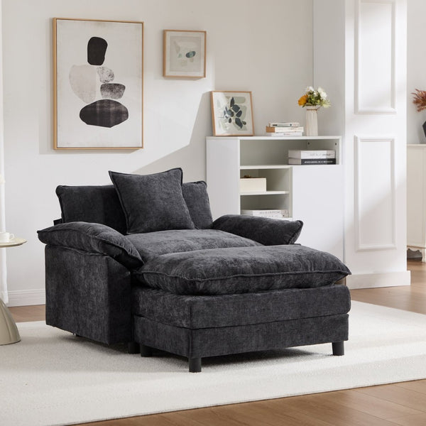 English Elm 44.5" Chenille Club Armchair with Ottoman Solid Wood Frame Modern Lounge Seating W3244S00010
