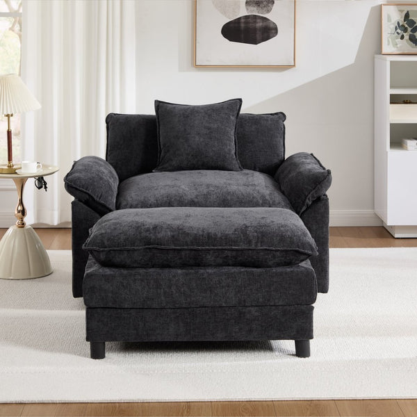 English Elm 44.5" Chenille Club Armchair with Ottoman Solid Wood Frame Modern Lounge Seating W3244S00010