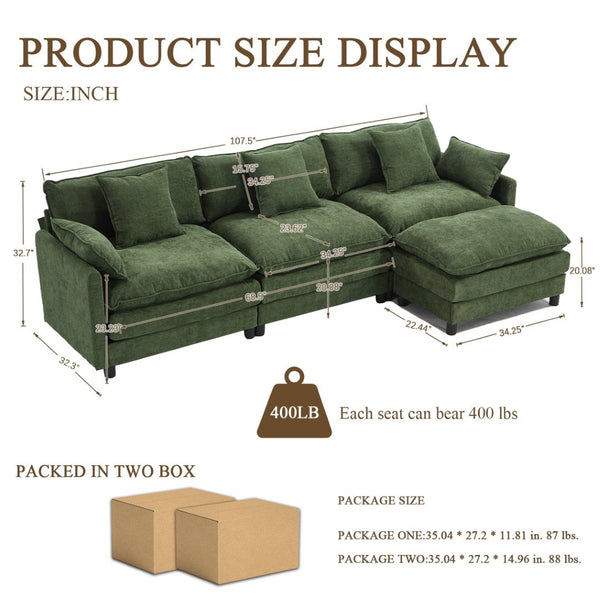 English Elm 108" Chenille Modular Sectional with Ottoman Deep Seated Cloud Sofa for Living Room W3244S00011