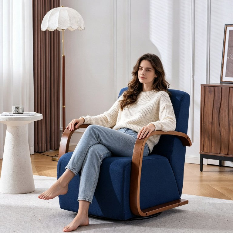 English Elm Stylish Navy Linen Swivel Chair with Wood Armrests for Modern Living Spaces W3248P495887