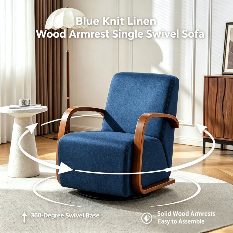 English Elm Stylish Navy Linen Swivel Chair with Wood Armrests for Modern Living Spaces W3248P495887