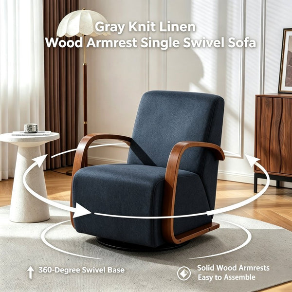 English Elm Stylish Swivel Accent Chair Linen Upholstery Bentwood Arms Low Profile Modern Seat W3248P495891