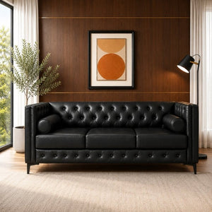 English Elm 78.5 Inch Faux Leather Mid-Century Modern Sofa with Tufted Back and Metal Legs Black W3276S00022