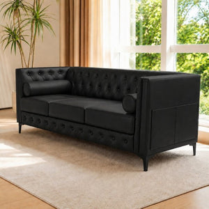 English Elm 78.5 Inch Faux Leather Mid-Century Modern Sofa with Tufted Back and Metal Legs Black W3276S00022