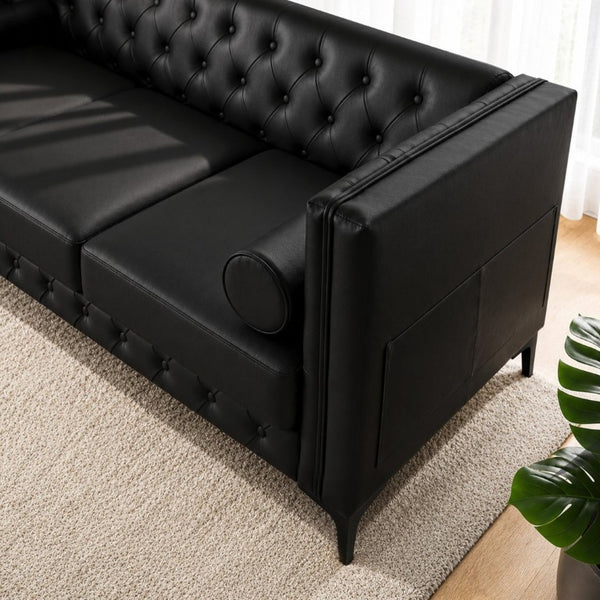 English Elm 78.5 Inch Faux Leather Mid-Century Modern Sofa with Tufted Back and Metal Legs Black W3276S00022