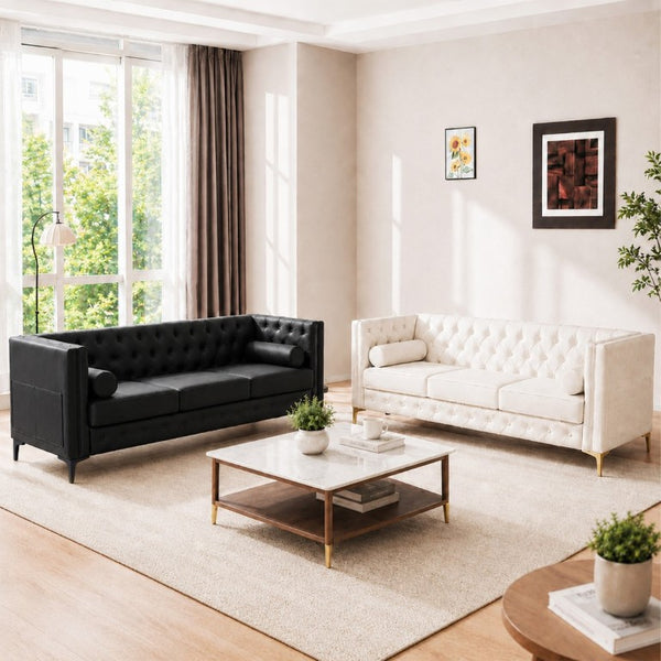 English Elm 78.5 Inch Faux Leather Mid-Century Modern Sofa with Tufted Back and Metal Legs Black W3276S00022