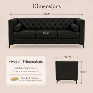 English Elm 78.5 Inch Faux Leather Mid-Century Modern Sofa with Tufted Back and Metal Legs Black W3276S00022