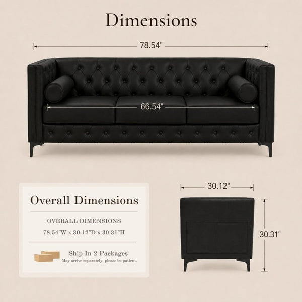 English Elm 78.5 Inch Faux Leather Mid-Century Modern Sofa with Tufted Back and Metal Legs Black W3276S00022
