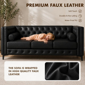 English Elm 78.5 Inch Faux Leather Mid-Century Modern Sofa with Tufted Back and Metal Legs Black W3276S00022