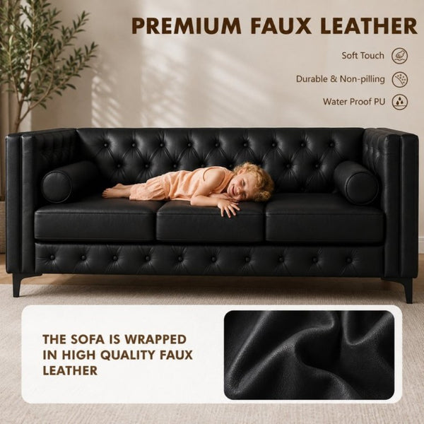 English Elm 78.5 Inch Faux Leather Mid-Century Modern Sofa with Tufted Back and Metal Legs Black W3276S00022