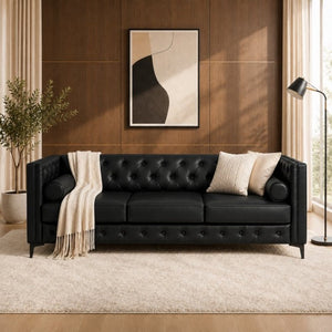 English Elm 78.5 Inch Faux Leather Mid-Century Modern Sofa with Tufted Back and Metal Legs Black W3276S00022