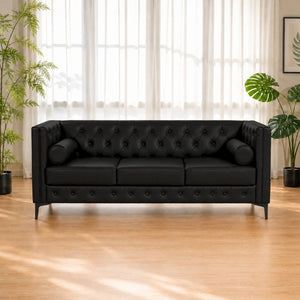 English Elm 78.5 Inch Faux Leather Mid-Century Modern Sofa with Tufted Back and Metal Legs Black W3276S00022