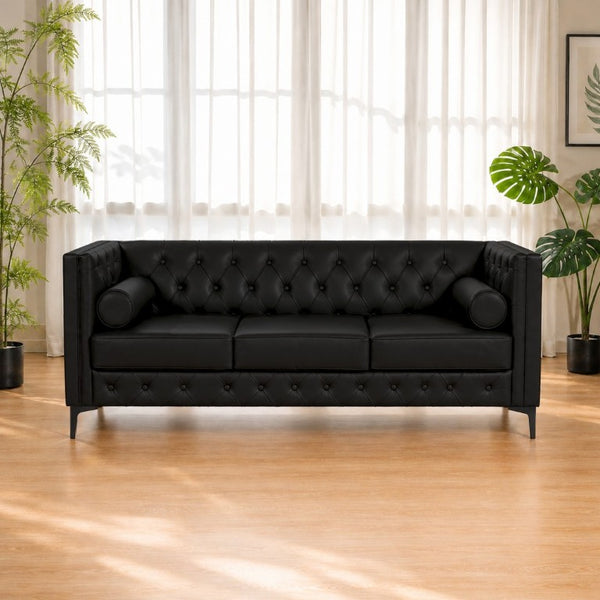 English Elm 78.5 Inch Faux Leather Mid-Century Modern Sofa with Tufted Back and Metal Legs Black W3276S00022