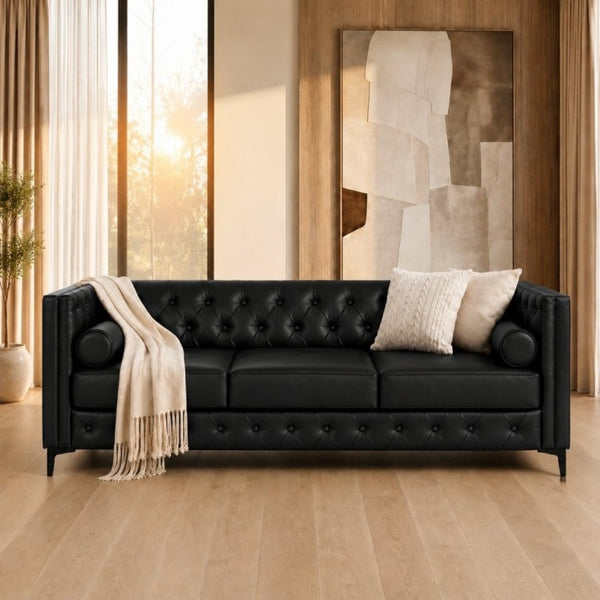 English Elm 78.5 Inch Faux Leather Mid-Century Modern Sofa with Tufted Back and Metal Legs Black W3276S00022
