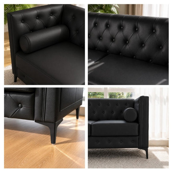 English Elm 78.5 Inch Faux Leather Mid-Century Modern Sofa with Tufted Back and Metal Legs Black W3276S00022