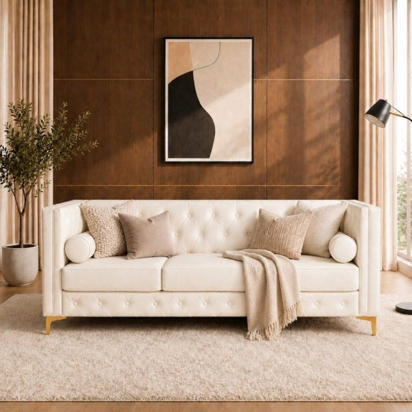 English Elm 78.5 Inch Faux Leather Mid-Century Modern Sofa with Tufted Back and Metal Legs Cream White W3276S00023