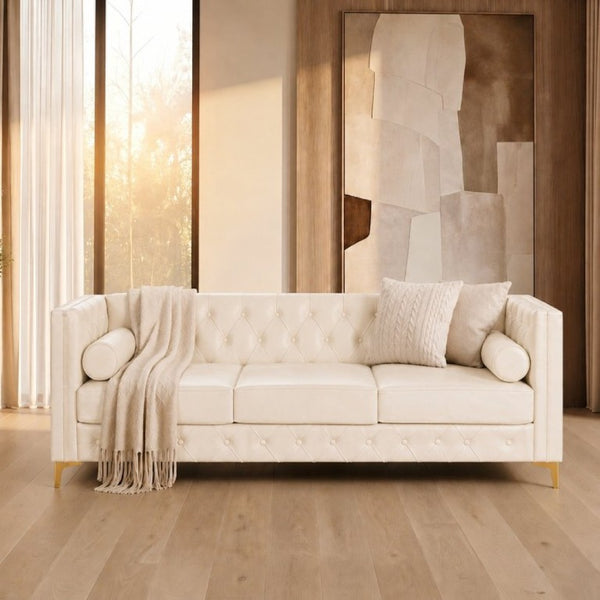 English Elm 78.5 Inch Faux Leather Mid-Century Modern Sofa with Tufted Back and Metal Legs Cream White W3276S00023