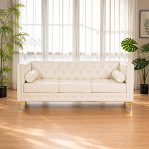 English Elm 78.5 Inch Faux Leather Mid-Century Modern Sofa with Tufted Back and Metal Legs Cream White W3276S00023