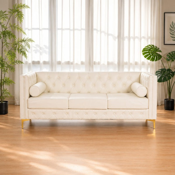 English Elm 78.5 Inch Faux Leather Mid-Century Modern Sofa with Tufted Back and Metal Legs Cream White W3276S00023