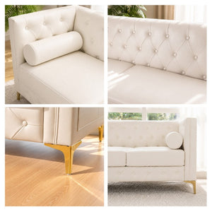 English Elm 78.5 Inch Faux Leather Mid-Century Modern Sofa with Tufted Back and Metal Legs Cream White W3276S00023