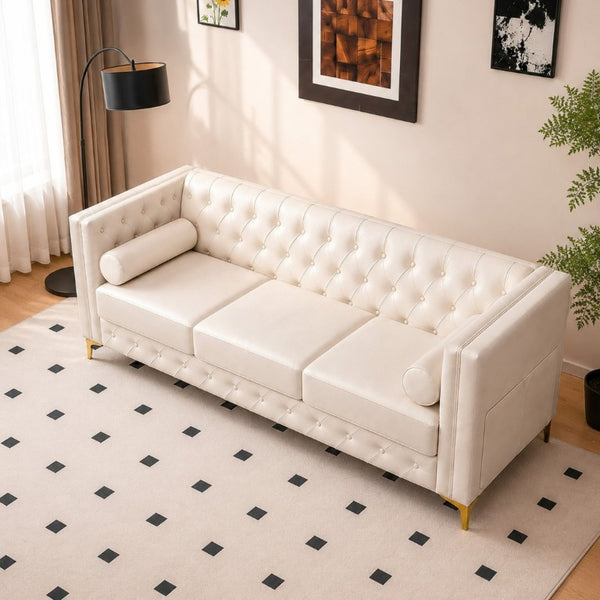 English Elm 78.5 Inch Faux Leather Mid-Century Modern Sofa with Tufted Back and Metal Legs Cream White W3276S00023