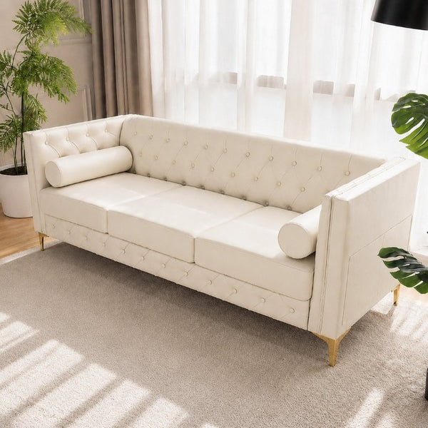 English Elm 78.5 Inch Faux Leather Mid-Century Modern Sofa with Tufted Back and Metal Legs Cream White W3276S00023