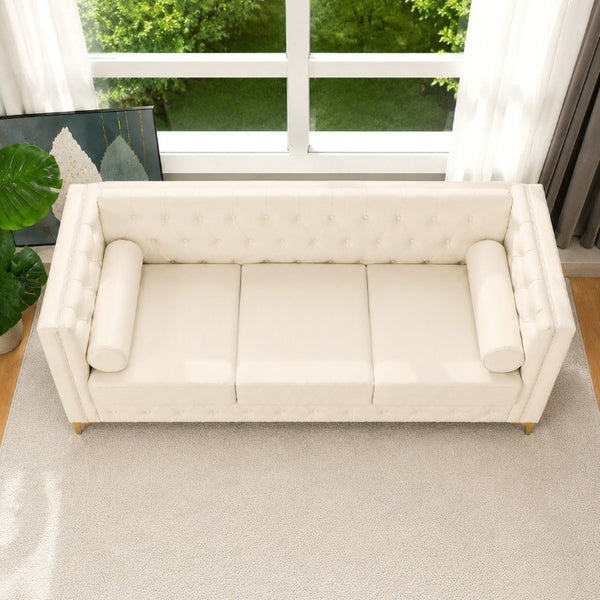 English Elm 78.5 Inch Faux Leather Mid-Century Modern Sofa with Tufted Back and Metal Legs Cream White W3276S00023