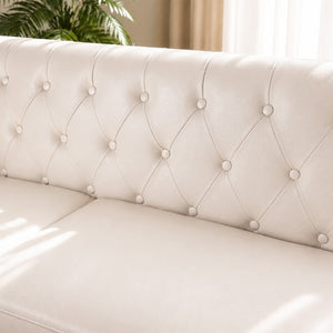 English Elm 78.5 Inch Faux Leather Mid-Century Modern Sofa with Tufted Back and Metal Legs Cream White W3276S00023