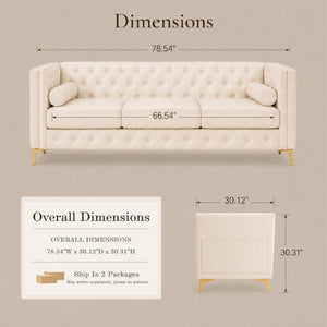 English Elm 78.5 Inch Faux Leather Mid-Century Modern Sofa with Tufted Back and Metal Legs Cream White W3276S00023
