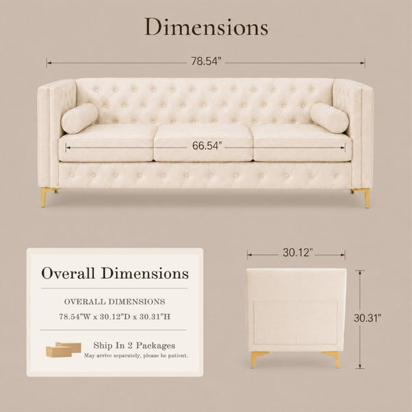 English Elm 78.5 Inch Faux Leather Mid-Century Modern Sofa with Tufted Back and Metal Legs Cream White W3276S00023