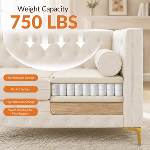English Elm 78.5 Inch Faux Leather Mid-Century Modern Sofa with Tufted Back and Metal Legs Cream White W3276S00023